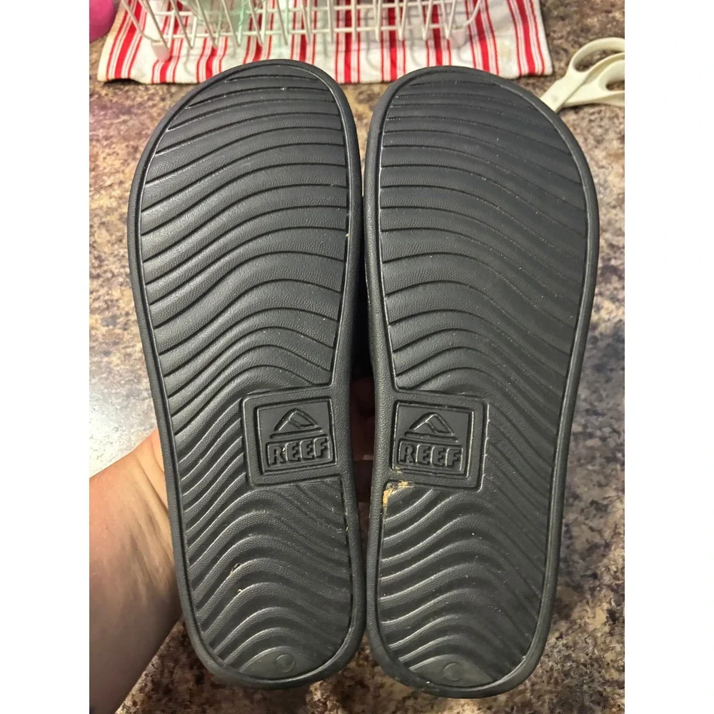 Reef Mens One Slide Sandals Black Life Is Good‎ Logo Comfort Beach Shoes Size 11
